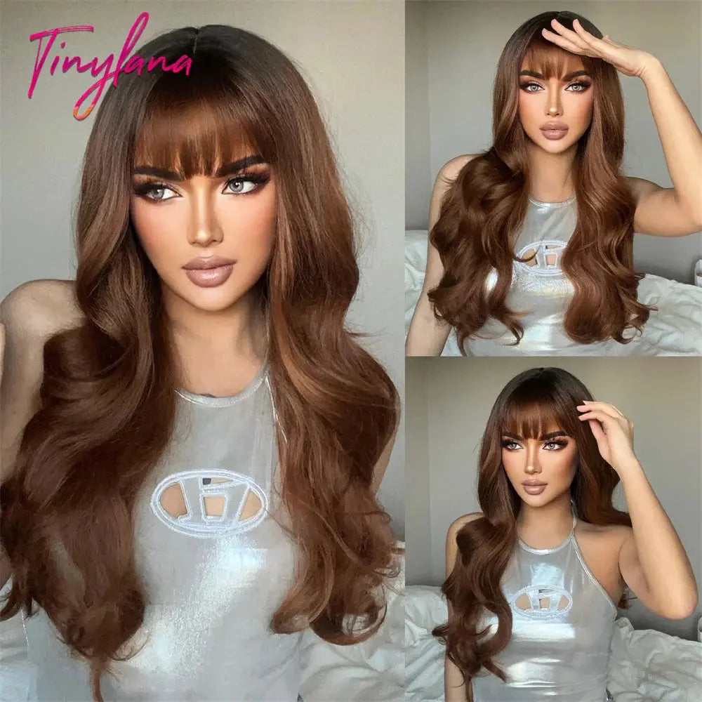 Light Pink Long Wavy Cosplay Synthetic Hair Wigs with Bangs for White Women Afro Lolita Water Wave Halloween Heat Reisitant Wig - SS69