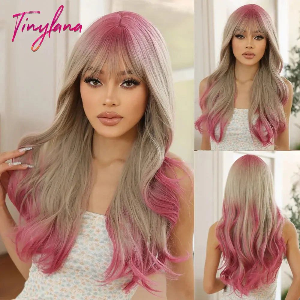 Light Pink Long Wavy Cosplay Synthetic Hair Wigs with Bangs for White Women Afro Lolita Water Wave Halloween Heat Reisitant Wig - SS69