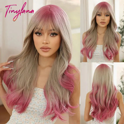Light Pink Long Wavy Cosplay Synthetic Hair Wigs with Bangs for White Women Afro Lolita Water Wave Halloween Heat Reisitant Wig - SS69