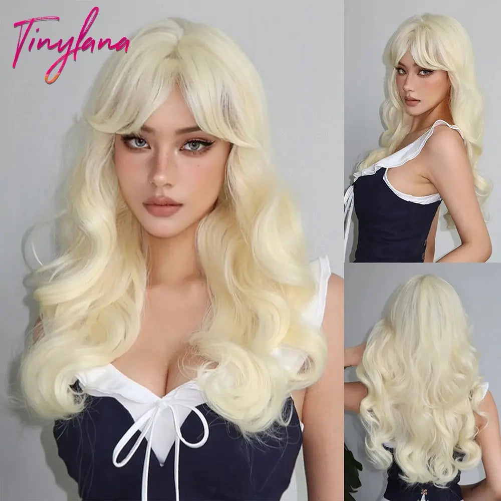 Light Pink Long Wavy Cosplay Synthetic Hair Wigs with Bangs for White Women Afro Lolita Water Wave Halloween Heat Reisitant Wig - SS69