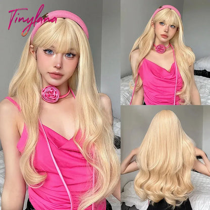 Light Pink Long Wavy Cosplay Synthetic Hair Wigs with Bangs for White Women Afro Lolita Water Wave Halloween Heat Reisitant Wig - SS69