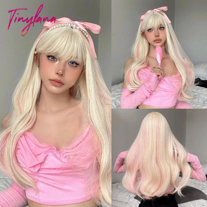 Light Pink Long Wavy Cosplay Synthetic Hair Wigs with Bangs for White Women Afro Lolita Water Wave Halloween Heat Reisitant Wig - SS69