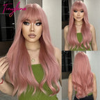 Light Pink Long Wavy Cosplay Synthetic Hair Wigs with Bangs for White Women Afro Lolita Water Wave Halloween Heat Reisitant Wig - SS69