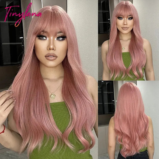 Light Pink Long Wavy Cosplay Synthetic Hair Wigs with Bangs for White Women Afro Lolita Water Wave Halloween Heat Reisitant Wig - SS69