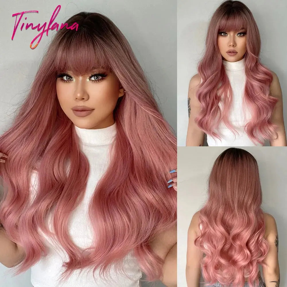 Light Pink Long Wavy Cosplay Synthetic Hair Wigs with Bangs for White Women Afro Lolita Water Wave Halloween Heat Reisitant Wig - SS69