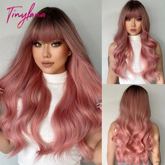 Light Pink Long Wavy Cosplay Synthetic Hair Wigs with Bangs for White Women Afro Lolita Water Wave Halloween Heat Reisitant Wig - SS69