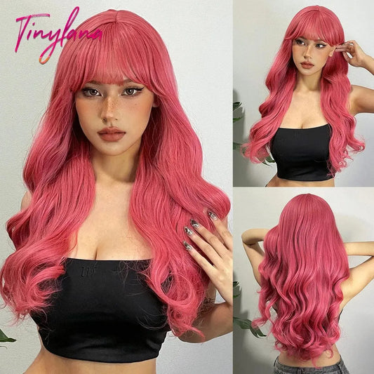 Light Pink Long Wavy Cosplay Synthetic Hair Wigs with Bangs for White Women Afro Lolita Water Wave Halloween Heat Reisitant Wig - SS69