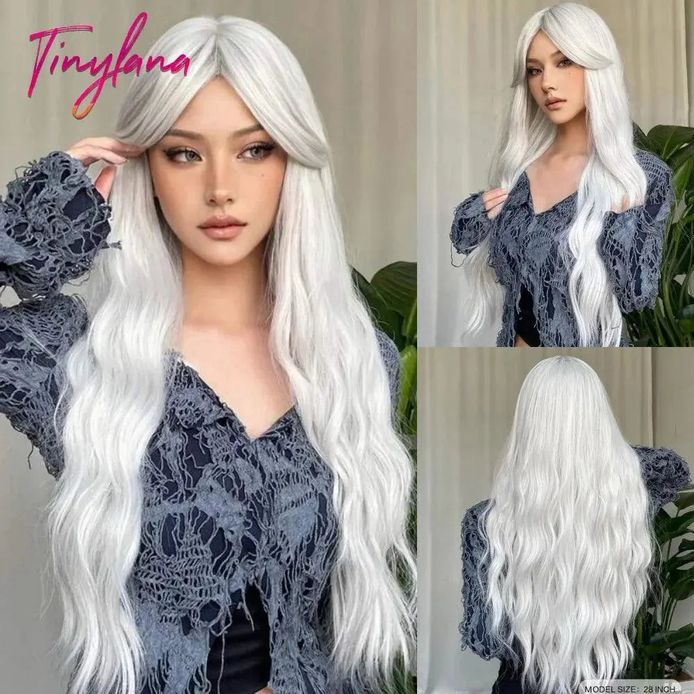 Light Pink Long Wavy Cosplay Synthetic Hair Wigs with Bangs for White Women Afro Lolita Water Wave Halloween Heat Reisitant Wig - SS69