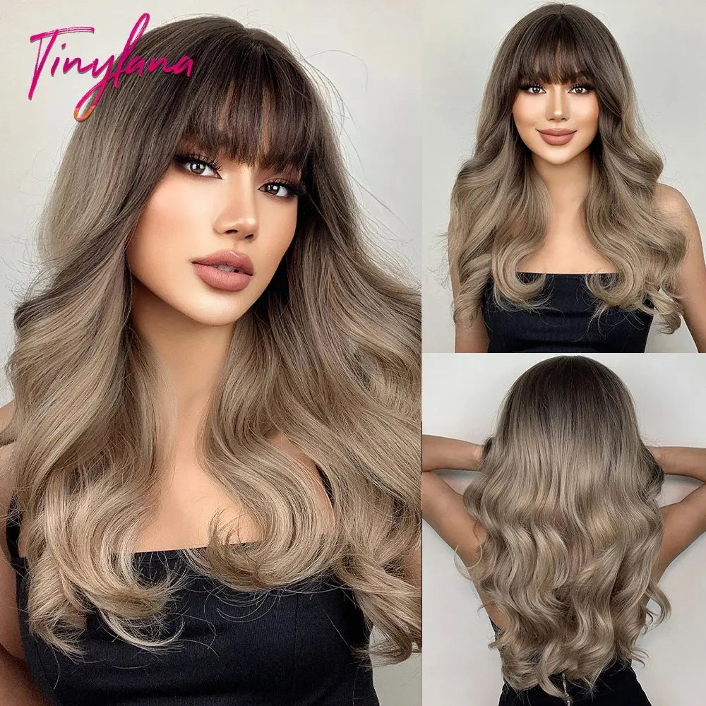 Light Pink Long Wavy Cosplay Synthetic Hair Wigs with Bangs for White Women Afro Lolita Water Wave Halloween Heat Reisitant Wig - SS69