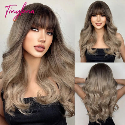 Light Pink Long Wavy Cosplay Synthetic Hair Wigs with Bangs for White Women Afro Lolita Water Wave Halloween Heat Reisitant Wig - SS69