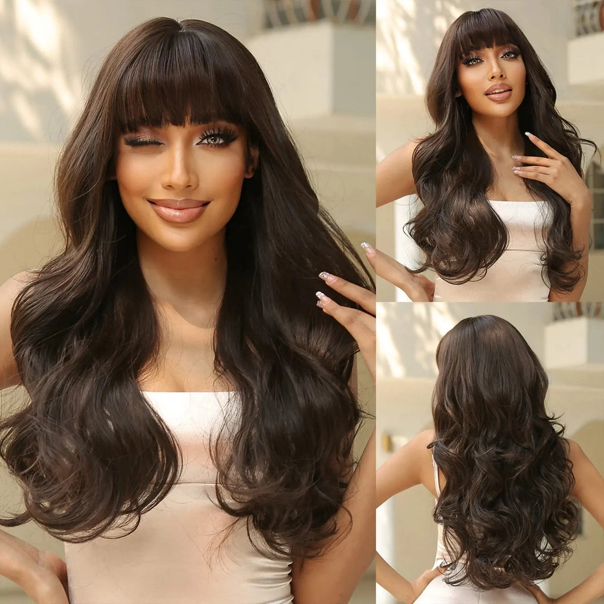 Light Pink Long Wavy Cosplay Synthetic Hair Wigs with Bangs for White Women Afro Lolita Water Wave Halloween Heat Reisitant Wig - SS69