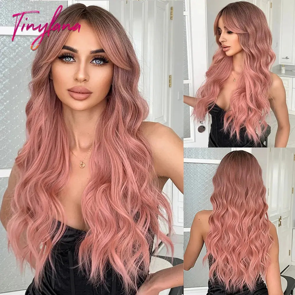 Light Pink Long Wavy Cosplay Synthetic Hair Wigs with Bangs for White Women Afro Lolita Water Wave Halloween Heat Reisitant Wig - SS69