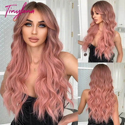 Light Pink Long Wavy Cosplay Synthetic Hair Wigs with Bangs for White Women Afro Lolita Water Wave Halloween Heat Reisitant Wig - SS69