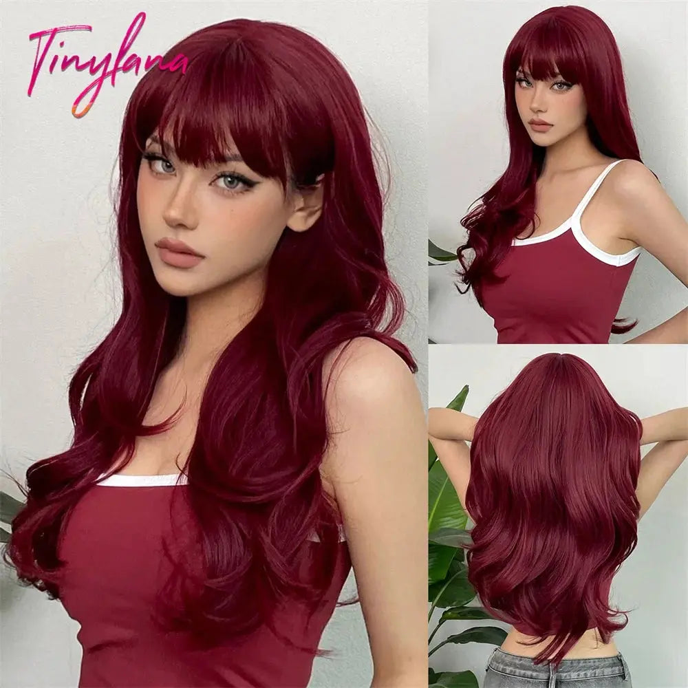 Light Pink Long Wavy Cosplay Synthetic Hair Wigs with Bangs for White Women Afro Lolita Water Wave Halloween Heat Reisitant Wig - SS69
