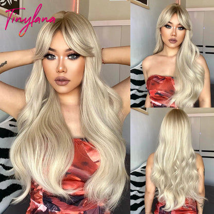 Light Pink Long Wavy Cosplay Synthetic Hair Wigs with Bangs for White Women Afro Lolita Water Wave Halloween Heat Reisitant Wig SS69