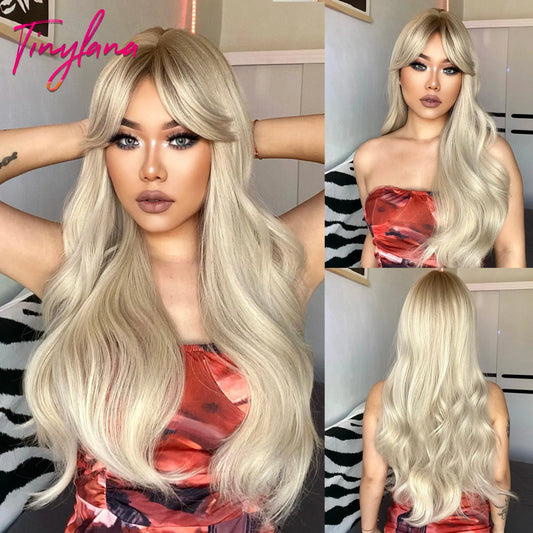 Light Pink Long Wavy Cosplay Synthetic Hair Wigs with Bangs for White Women Afro Lolita Water Wave Halloween Heat Reisitant Wig SS69