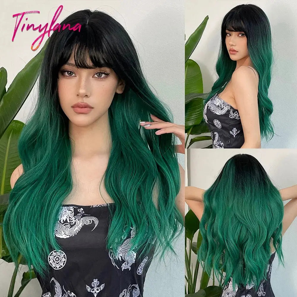 Light Pink Long Wavy Cosplay Synthetic Hair Wigs with Bangs for White Women Afro Lolita Water Wave Halloween Heat Reisitant Wig SS69