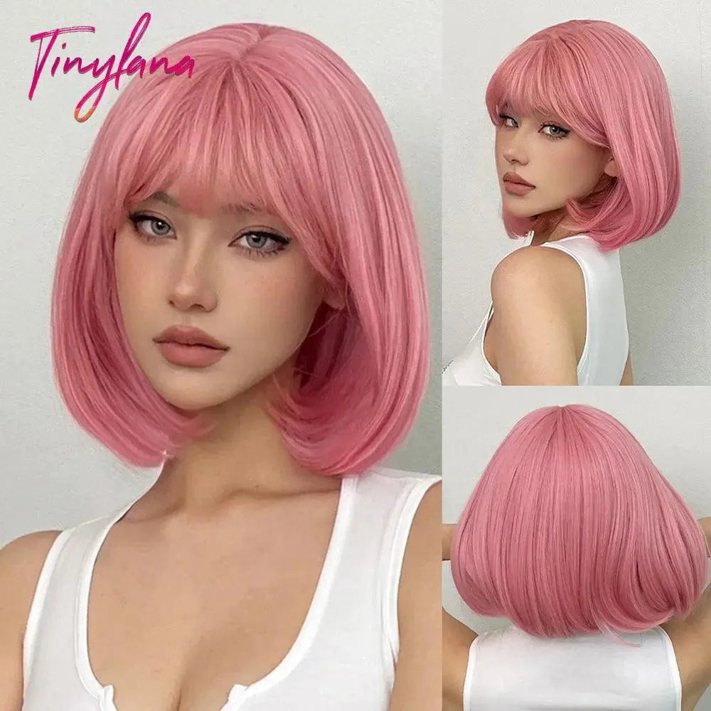 Light Pink Long Wavy Cosplay Synthetic Hair Wigs with Bangs for White Women Afro Lolita Water Wave Halloween Heat Reisitant Wig - SS69