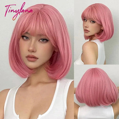 Light Pink Long Wavy Cosplay Synthetic Hair Wigs with Bangs for White Women Afro Lolita Water Wave Halloween Heat Reisitant Wig - SS69