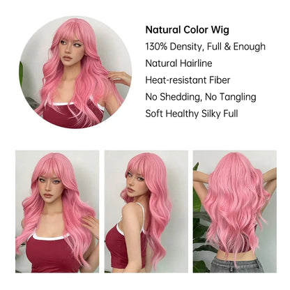 Light Pink Long Wavy Cosplay Synthetic Hair Wigs with Bangs for White Women Afro Lolita Water Wave Halloween Heat Reisitant Wig SS69