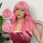 Light Pink Long Wavy Cosplay Synthetic Hair Wigs with Bangs for White Women Afro Lolita Water Wave Halloween Heat Reisitant Wig SS69