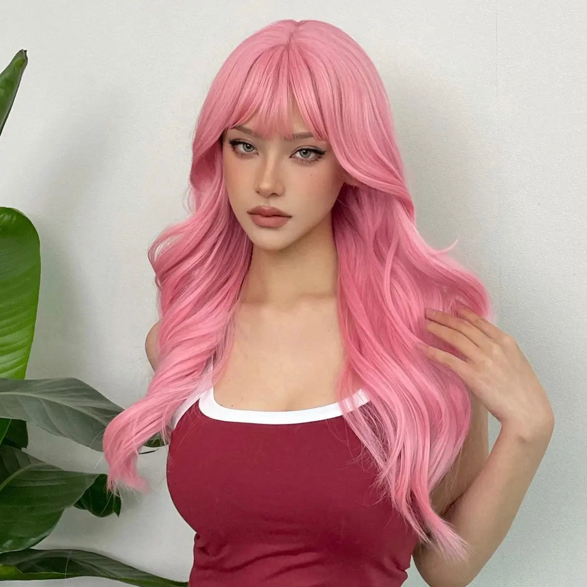 Light Pink Long Wavy Cosplay Synthetic Hair Wigs with Bangs for White Women Afro Lolita Water Wave Halloween Heat Reisitant Wig SS69