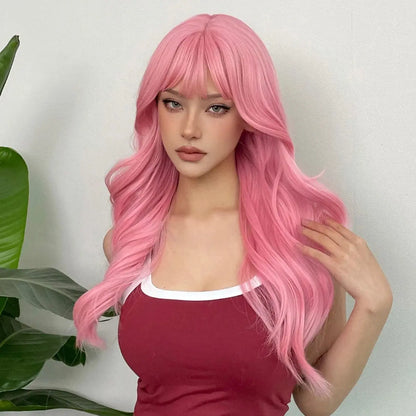 Light Pink Long Wavy Cosplay Synthetic Hair Wigs with Bangs for White Women Afro Lolita Water Wave Halloween Heat Reisitant Wig SS69