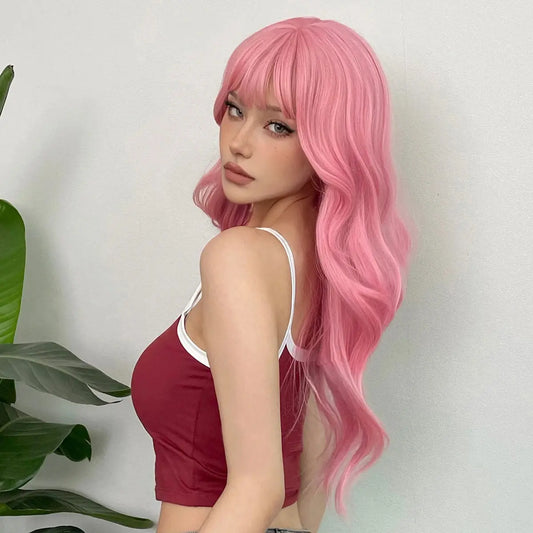 Light Pink Long Wavy Cosplay Synthetic Hair Wigs with Bangs for White Women Afro Lolita Water Wave Halloween Heat Reisitant Wig SS69
