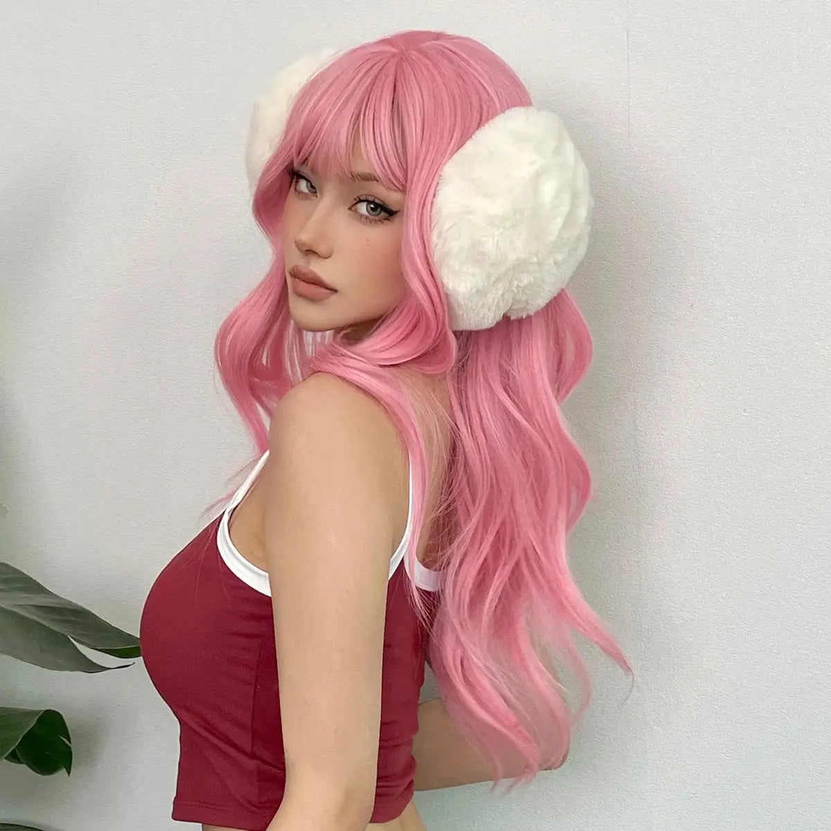 Light Pink Long Wavy Cosplay Synthetic Hair Wigs with Bangs for White Women Afro Lolita Water Wave Halloween Heat Reisitant Wig SS69