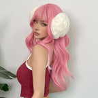Light Pink Long Wavy Cosplay Synthetic Hair Wigs with Bangs for White Women Afro Lolita Water Wave Halloween Heat Reisitant Wig SS69