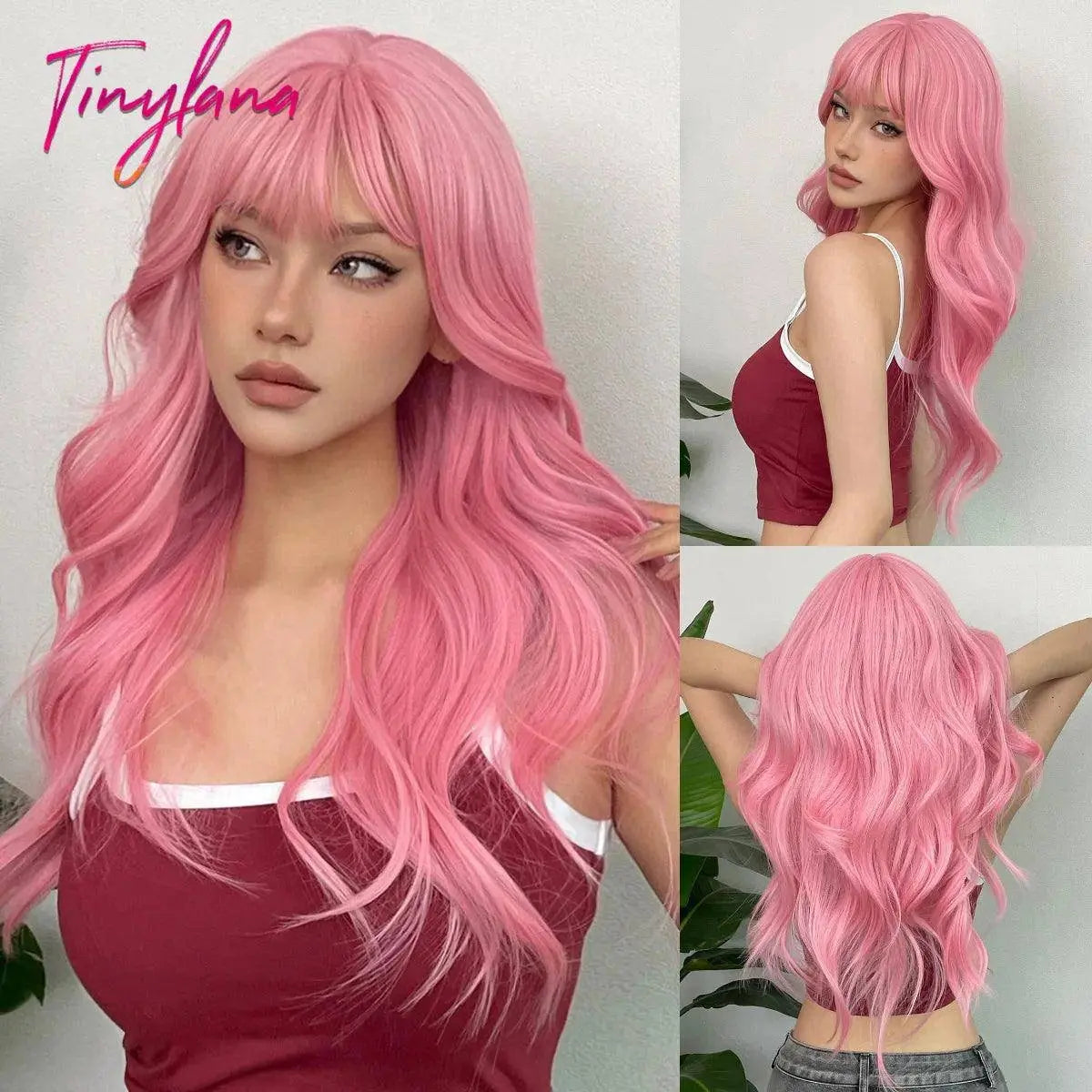 Light Pink Long Wavy Cosplay Synthetic Hair Wigs with Bangs for White Women Afro Lolita Water Wave Halloween Heat Reisitant Wig - SS69