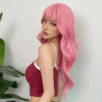 Light Pink Long Wavy Cosplay Synthetic Hair Wigs with Bangs for White Women Afro Lolita Water Wave Halloween Heat Reisitant Wig - SS69