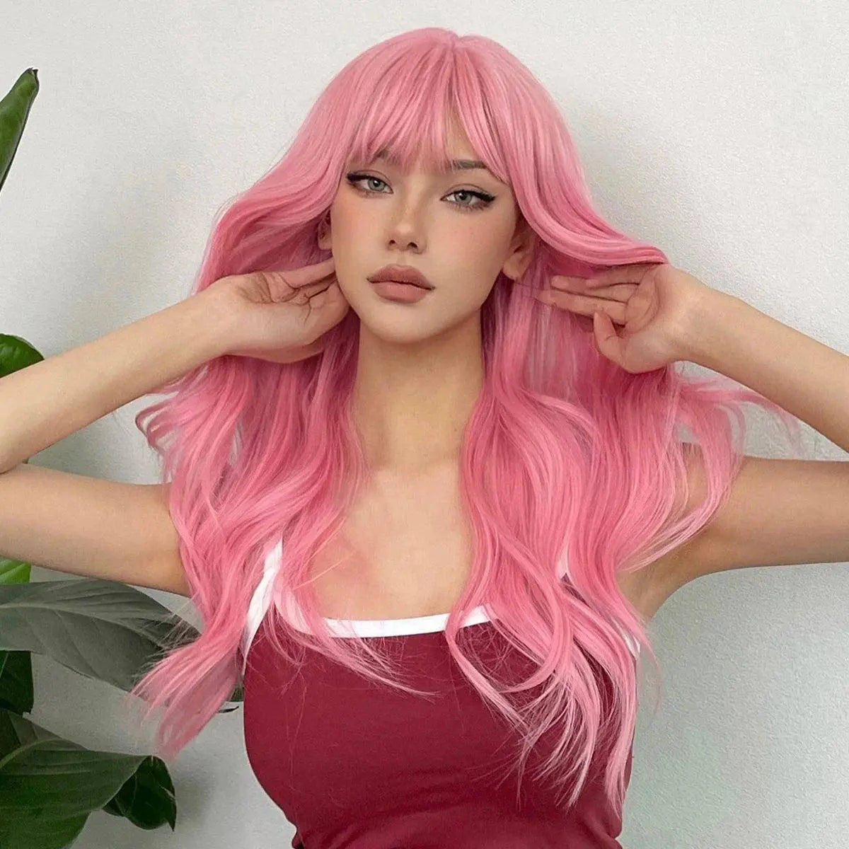 Light Pink Long Wavy Cosplay Synthetic Hair Wigs with Bangs for White Women Afro Lolita Water Wave Halloween Heat Reisitant Wig - SS69