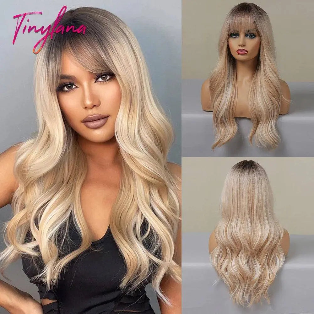 Light Pink Long Wavy Cosplay Synthetic Hair Wigs with Bangs for White Women Afro Lolita Water Wave Halloween Heat Reisitant Wig - SS69