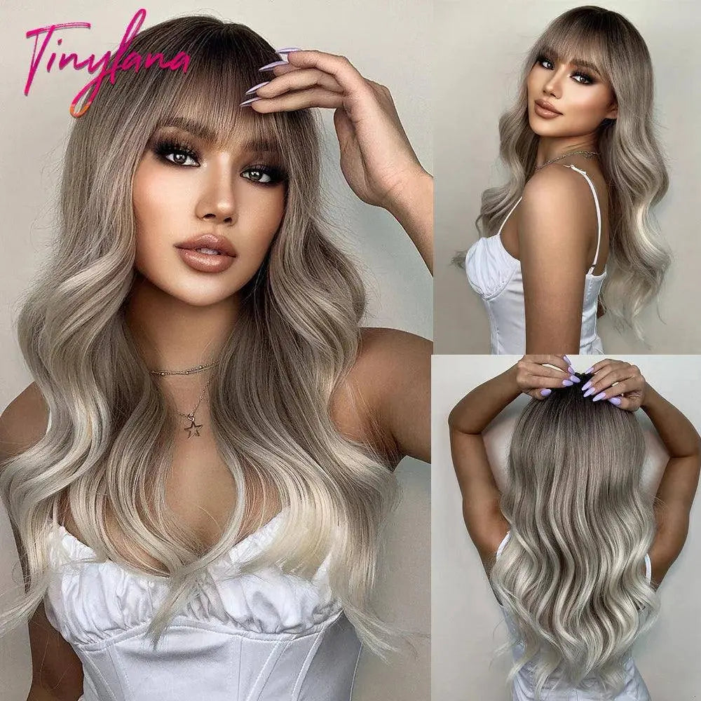 Light Pink Long Wavy Cosplay Synthetic Hair Wigs with Bangs for White Women Afro Lolita Water Wave Halloween Heat Reisitant Wig - SS69