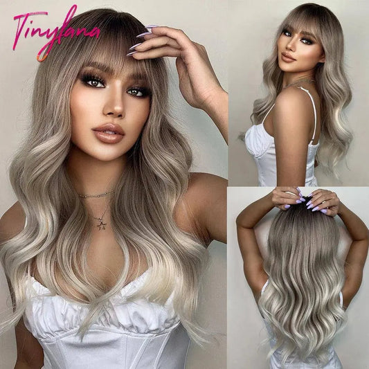 Light Pink Long Wavy Cosplay Synthetic Hair Wigs with Bangs for White Women Afro Lolita Water Wave Halloween Heat Reisitant Wig - SS69