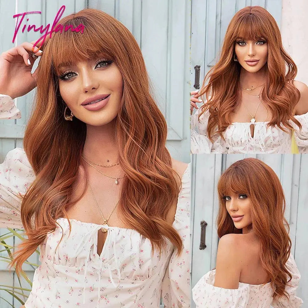 Light Pink Long Wavy Cosplay Synthetic Hair Wigs with Bangs for White Women Afro Lolita Water Wave Halloween Heat Reisitant Wig - SS69