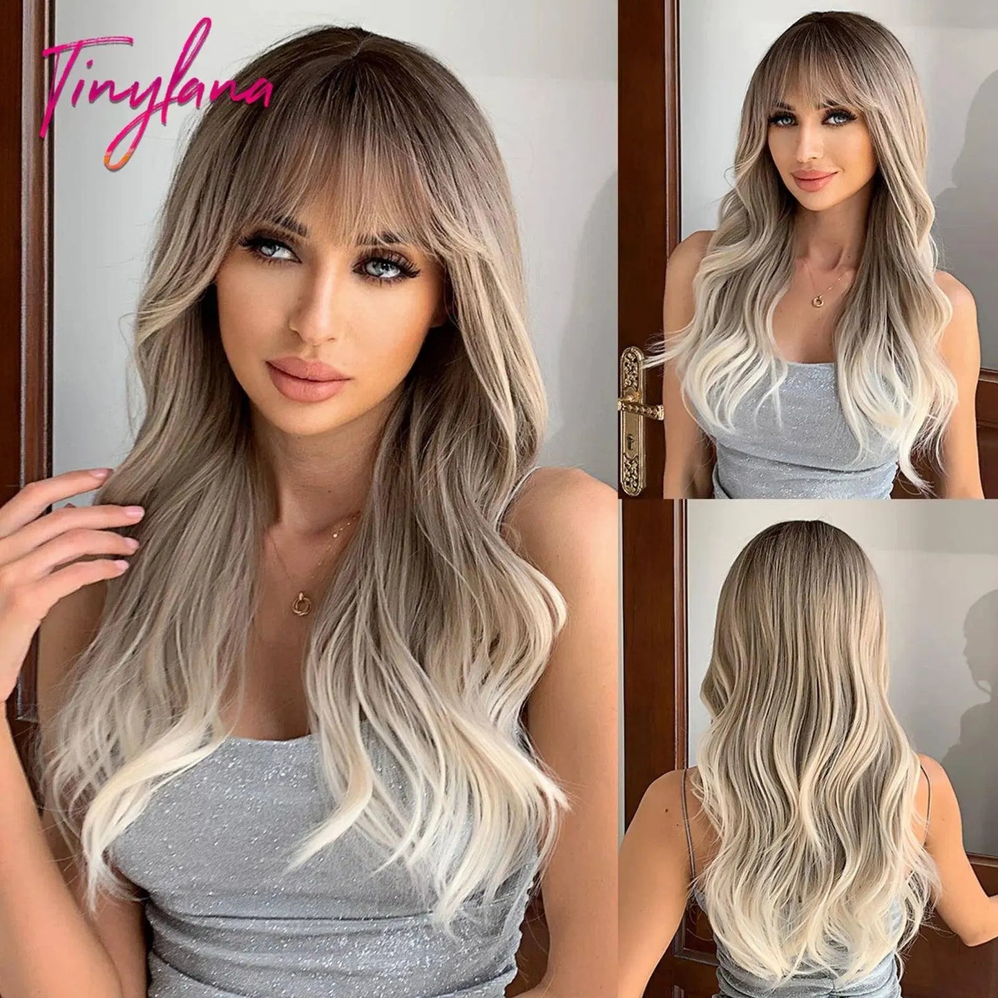 Light Pink Long Wavy Cosplay Synthetic Hair Wigs with Bangs for White Women Afro Lolita Water Wave Halloween Heat Reisitant Wig - SS69