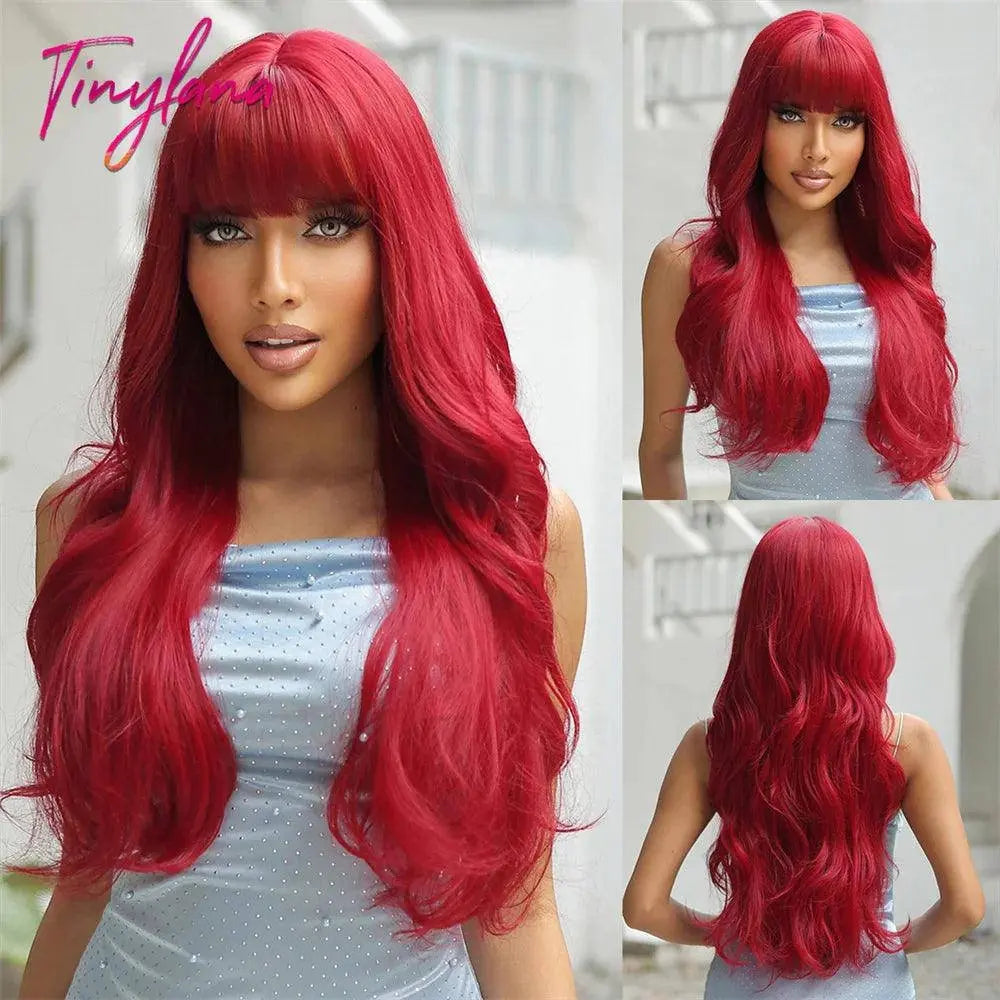 Light Pink Long Wavy Cosplay Synthetic Hair Wigs with Bangs for White Women Afro Lolita Water Wave Halloween Heat Reisitant Wig - SS69