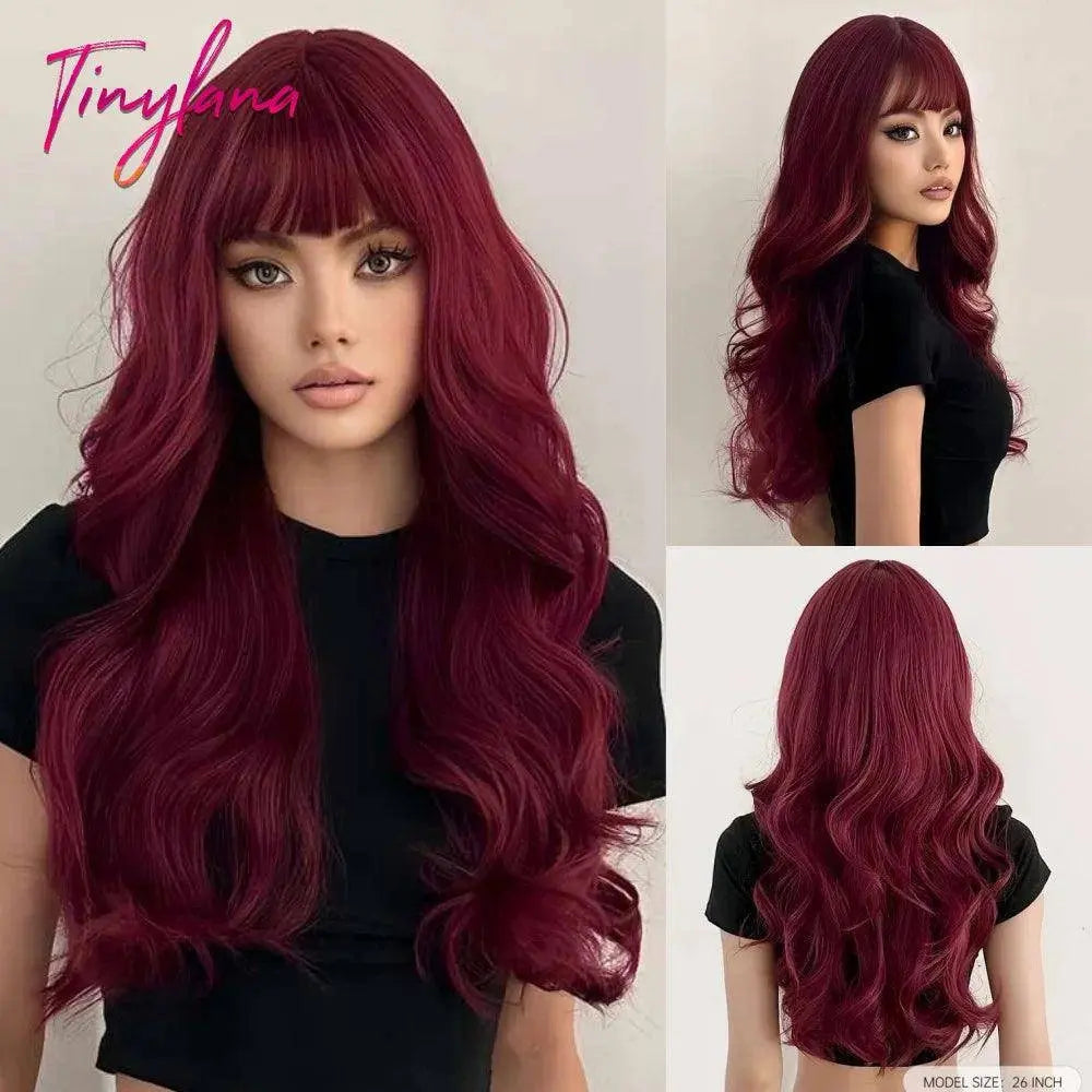 Light Pink Long Wavy Cosplay Synthetic Hair Wigs with Bangs for White Women Afro Lolita Water Wave Halloween Heat Reisitant Wig - SS69