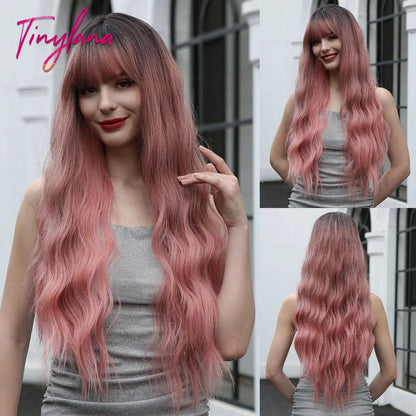Light Pink Long Wavy Cosplay Synthetic Hair Wigs with Bangs for White Women Afro Lolita Water Wave Halloween Heat Reisitant Wig - SS69