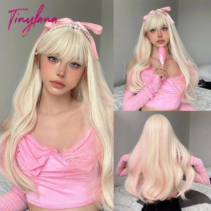 Light Pink Long Wavy Cosplay Synthetic Hair Wigs with Bangs for White Women Afro Lolita Water Wave Halloween Heat Reisitant Wig - SS69