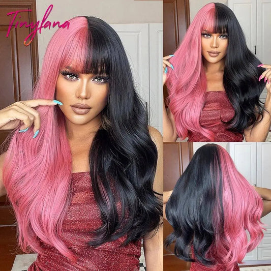 Light Pink Long Wavy Cosplay Synthetic Hair Wigs with Bangs for White Women Afro Lolita Water Wave Halloween Heat Reisitant Wig - SS69