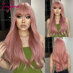 Light Pink Long Wavy Cosplay Synthetic Hair Wigs with Bangs for White Women Afro Lolita Water Wave Halloween Heat Reisitant Wig - SS69