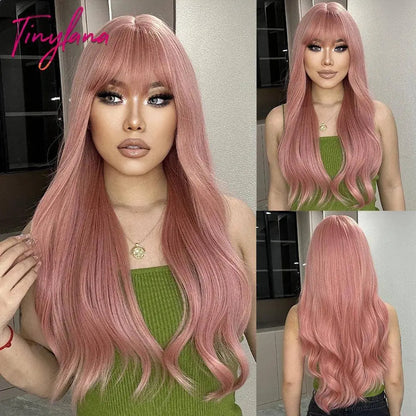 Light Pink Long Wavy Cosplay Synthetic Hair Wigs with Bangs for White Women Afro Lolita Water Wave Halloween Heat Reisitant Wig - SS69