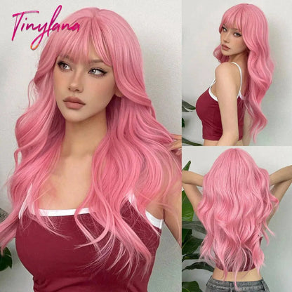 Light Pink Long Wavy Cosplay Synthetic Hair Wigs with Bangs for White Women Afro Lolita Water Wave Halloween Heat Reisitant Wig - SS69