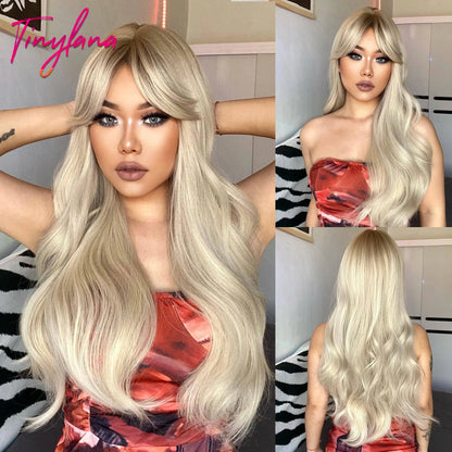 Light Pink Long Wavy Cosplay Synthetic Hair Wigs with Bangs for White Women Afro Lolita Water Wave Halloween Heat Reisitant Wig - SS69