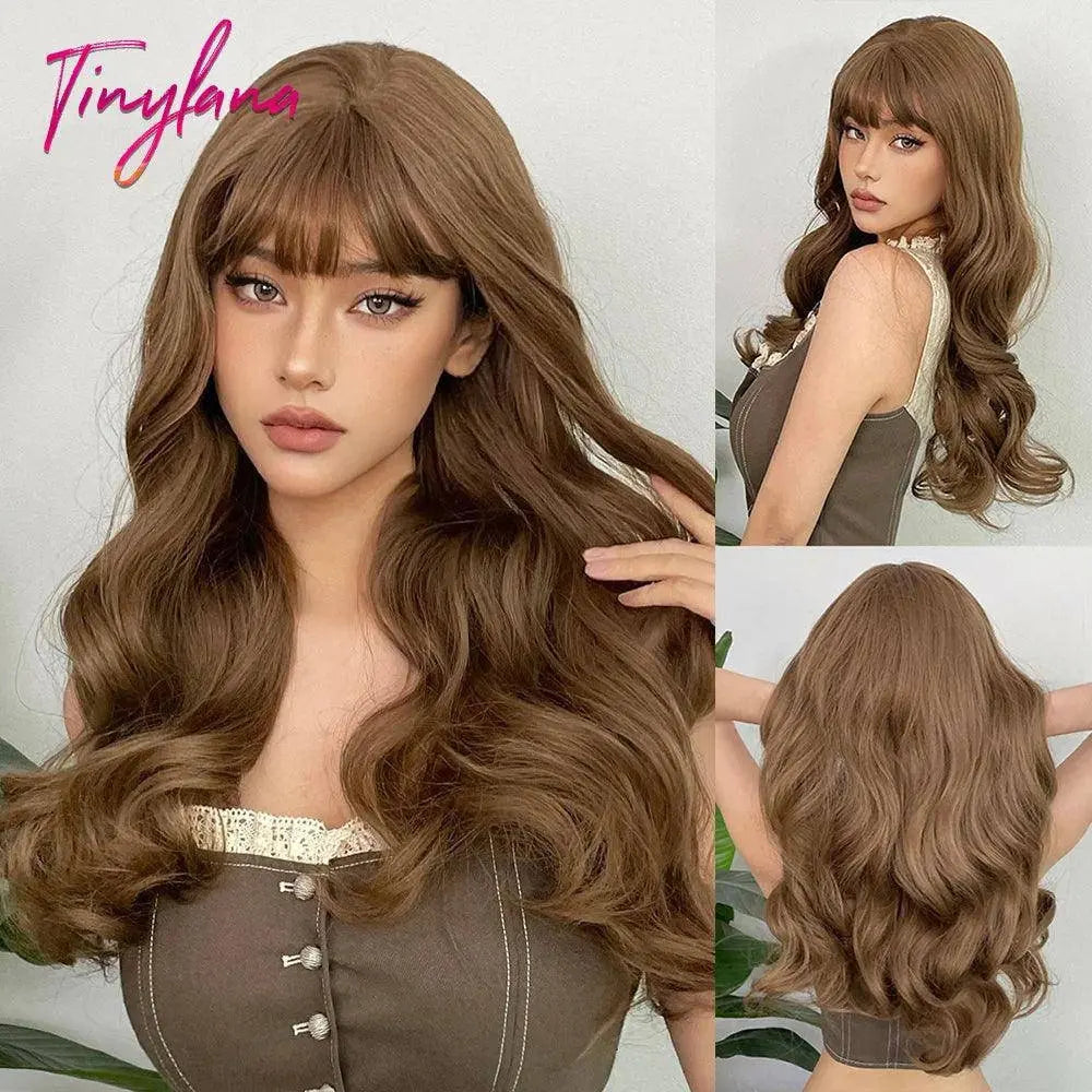 Light Pink Long Wavy Cosplay Synthetic Hair Wigs with Bangs for White Women Afro Lolita Water Wave Halloween Heat Reisitant Wig - SS69