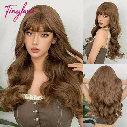 Light Pink Long Wavy Cosplay Synthetic Hair Wigs with Bangs for White Women Afro Lolita Water Wave Halloween Heat Reisitant Wig - SS69