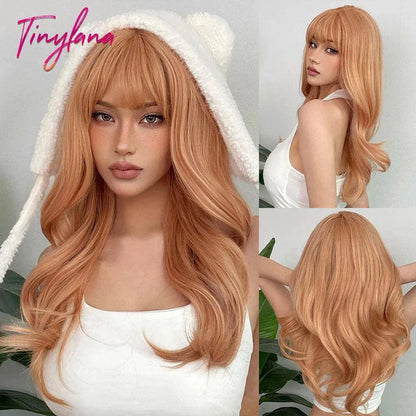 Light Pink Long Wavy Cosplay Synthetic Hair Wigs with Bangs for White Women Afro Lolita Water Wave Halloween Heat Reisitant Wig - SS69